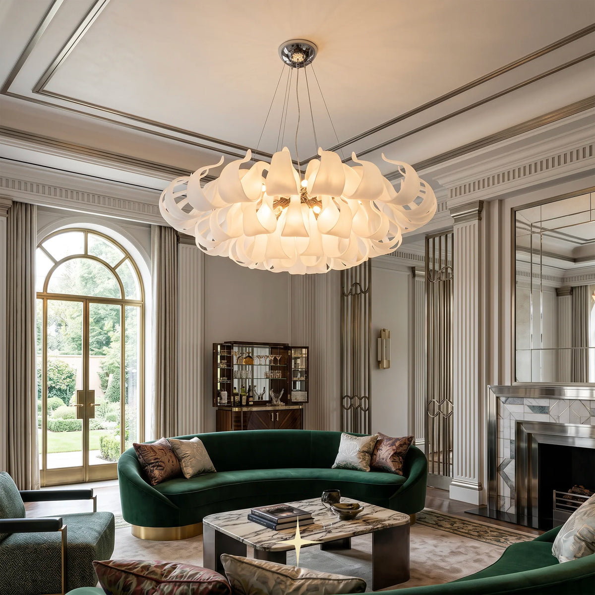 Beatrix Chandelier featuring gracefully curved white bohemian crystal arms in 3-tier and 4-tier options

