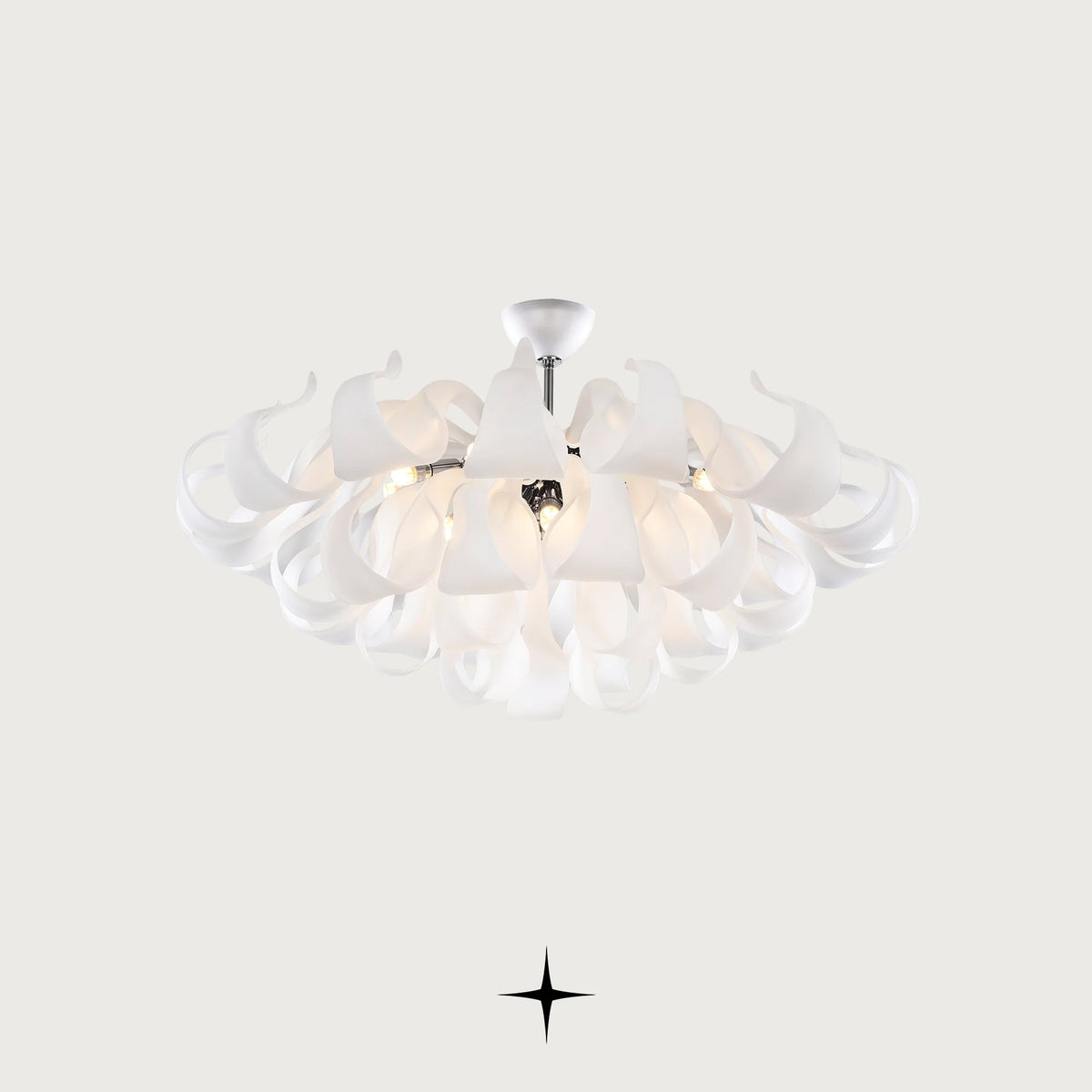 Beatrix Chandelier featuring gracefully curved white bohemian crystal arms in 3-tier and 4-tier options
