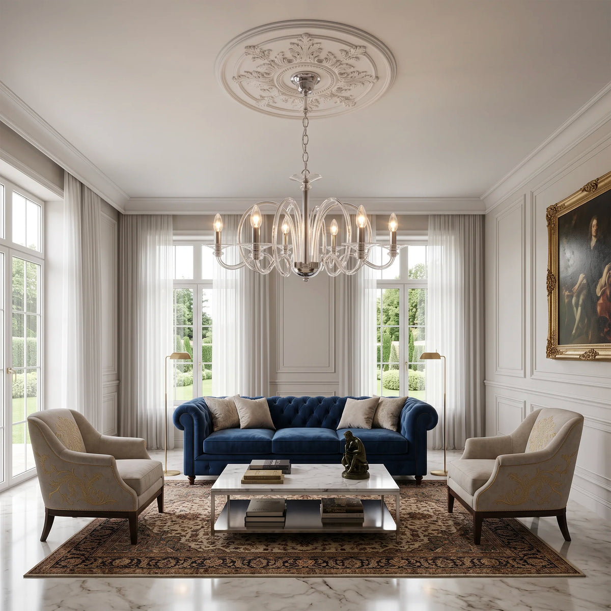 Sarah Chandelier featuring exquisite elongated crystal arms in a luxurious silver finish

