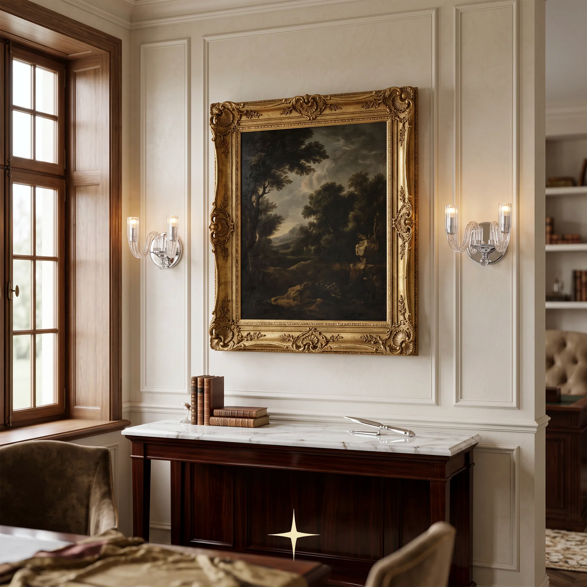 A framed landscape oil painting with an ornate gold frame hangs on a cream paneled wall above a dark wood console table, flanked by two lit wall sconces in a classic interior setting.