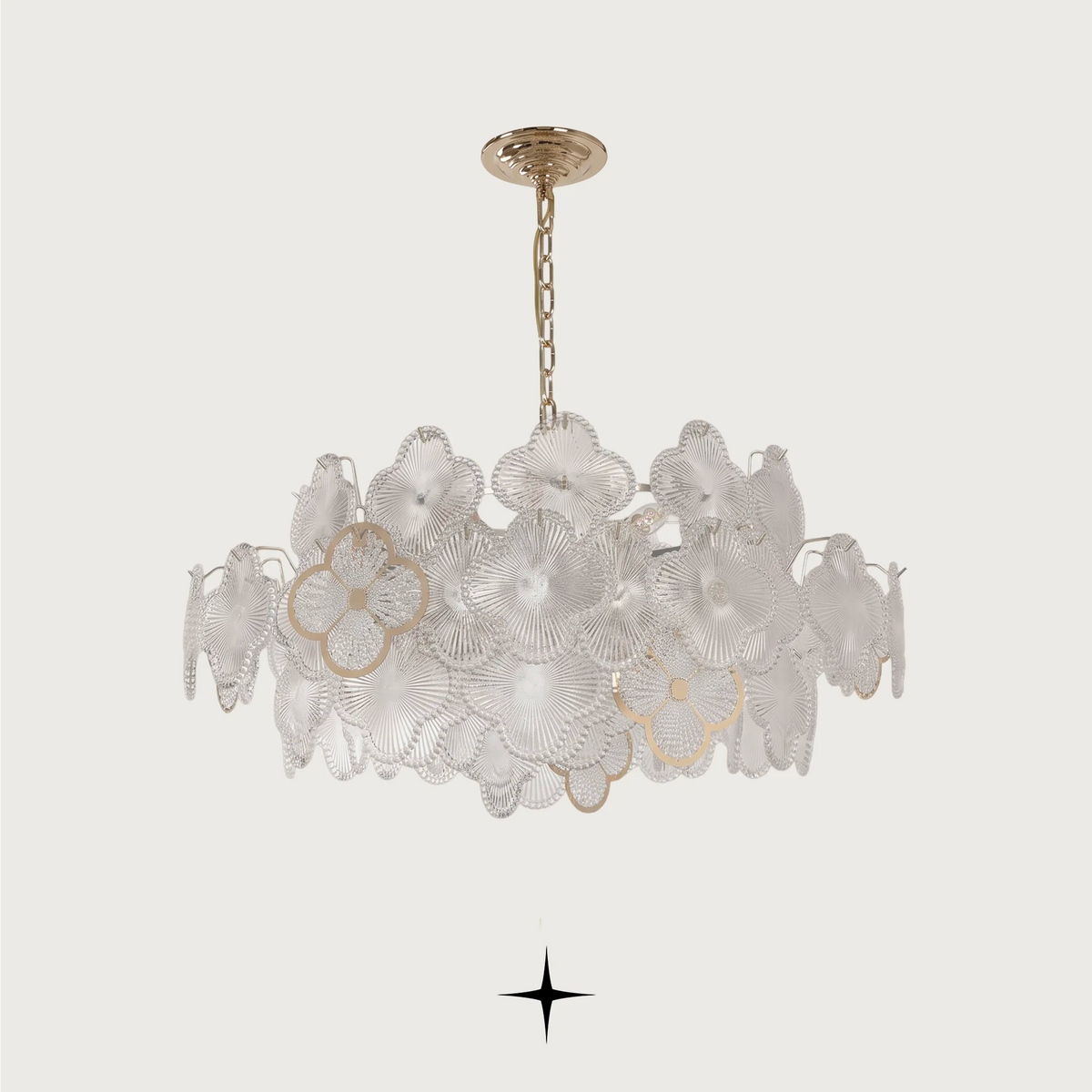 Bouquet luxury chandelier featuring clear Murano-style glass flowers with gold frame
