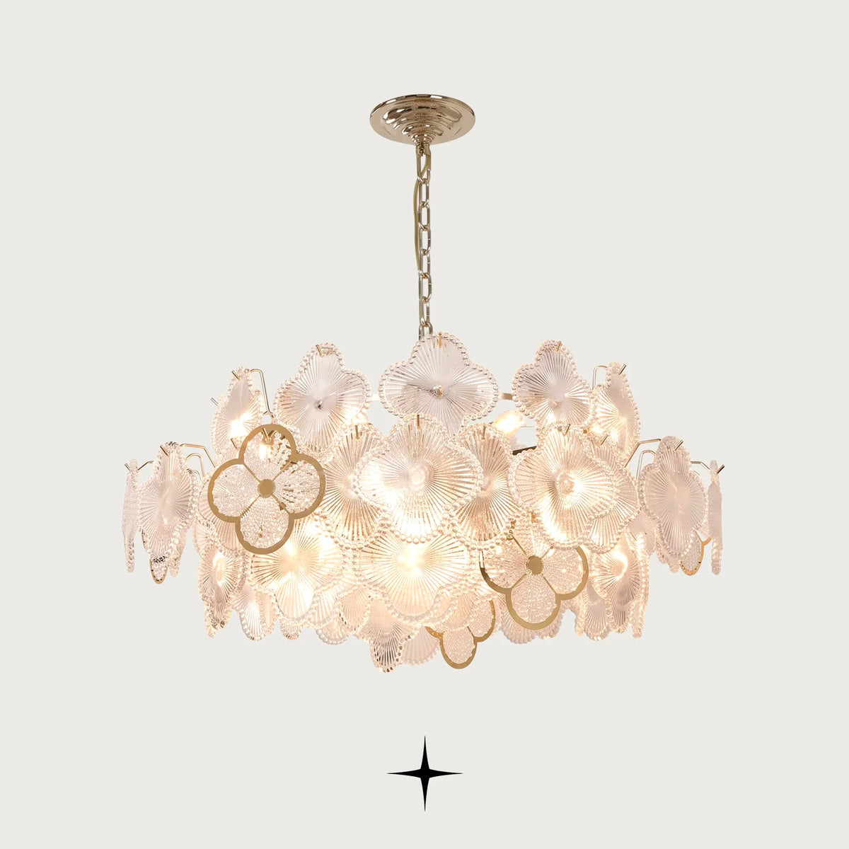 Bouquet Chandelier featuring Murano-style flower-shaped glass in clear brilliance and a luxurious golden structure
