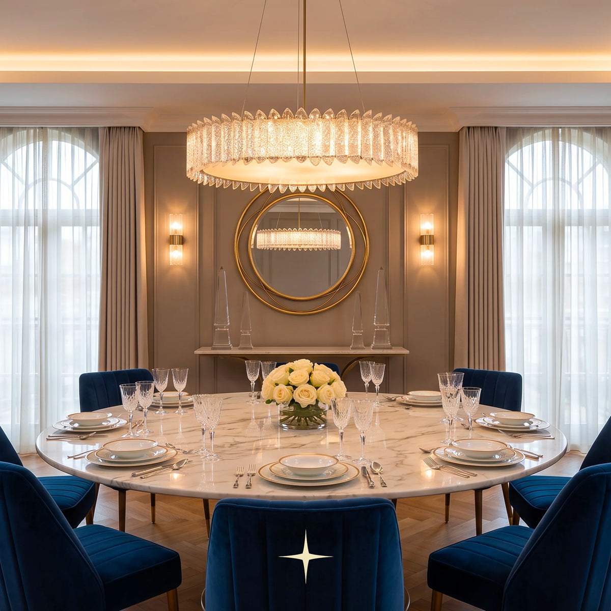 An elegant dining room featuring a large round marble dining table set with white plates, crystal wine glasses, and a yellow rose centerpiece, surrounded by deep blue velvet chairs. A large circular crystal chandelier hangs above, with a gold-framed mirror and wall sconces on the beige paneled wall behind.