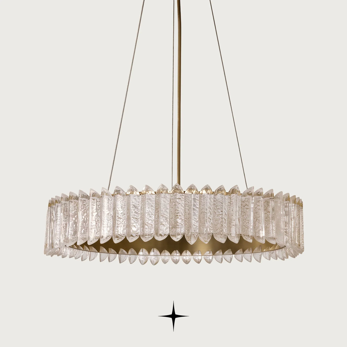 Calgary round chandelier with handcrafted Murano glass elements and golden structure on black background