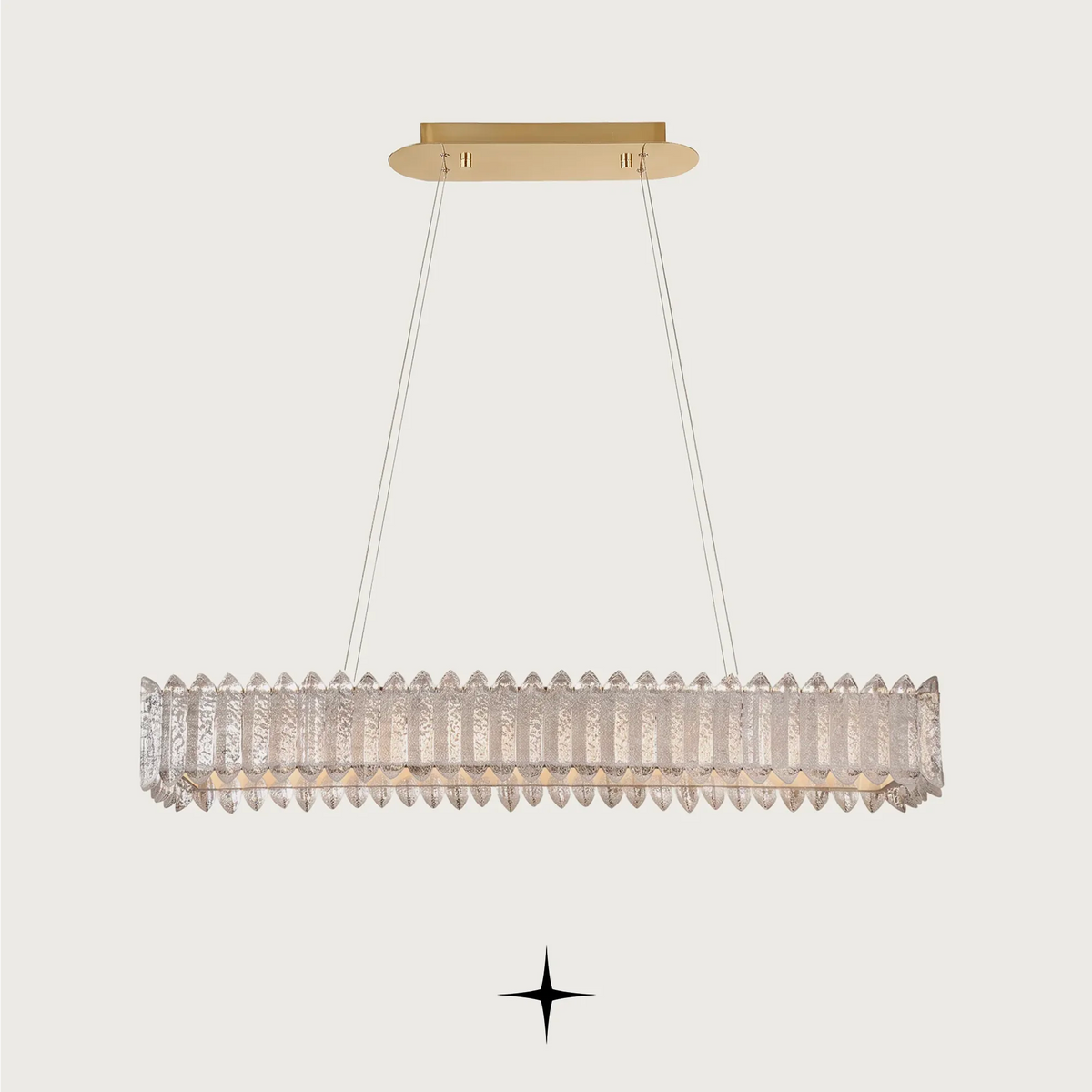  Linear Calgary chandelier with handcrafted Murano glass elements and gold frame on black background