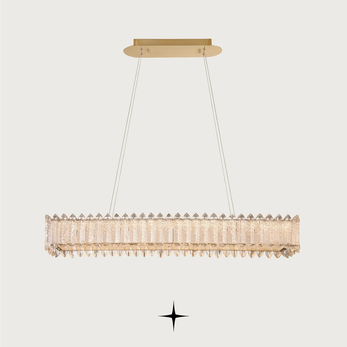 Linear Calgary chandelier with handcrafted Murano glass elements and gold frame on black background