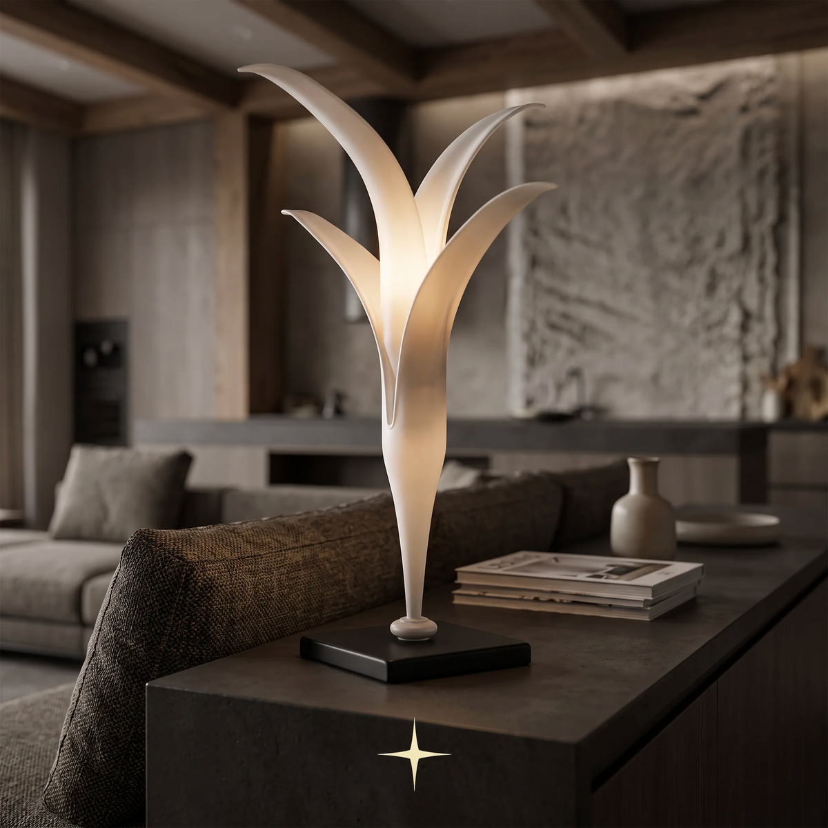 Camelia modern luxury table light featuring minimalist Bohemian crystal flower design with upward-facing blades.
