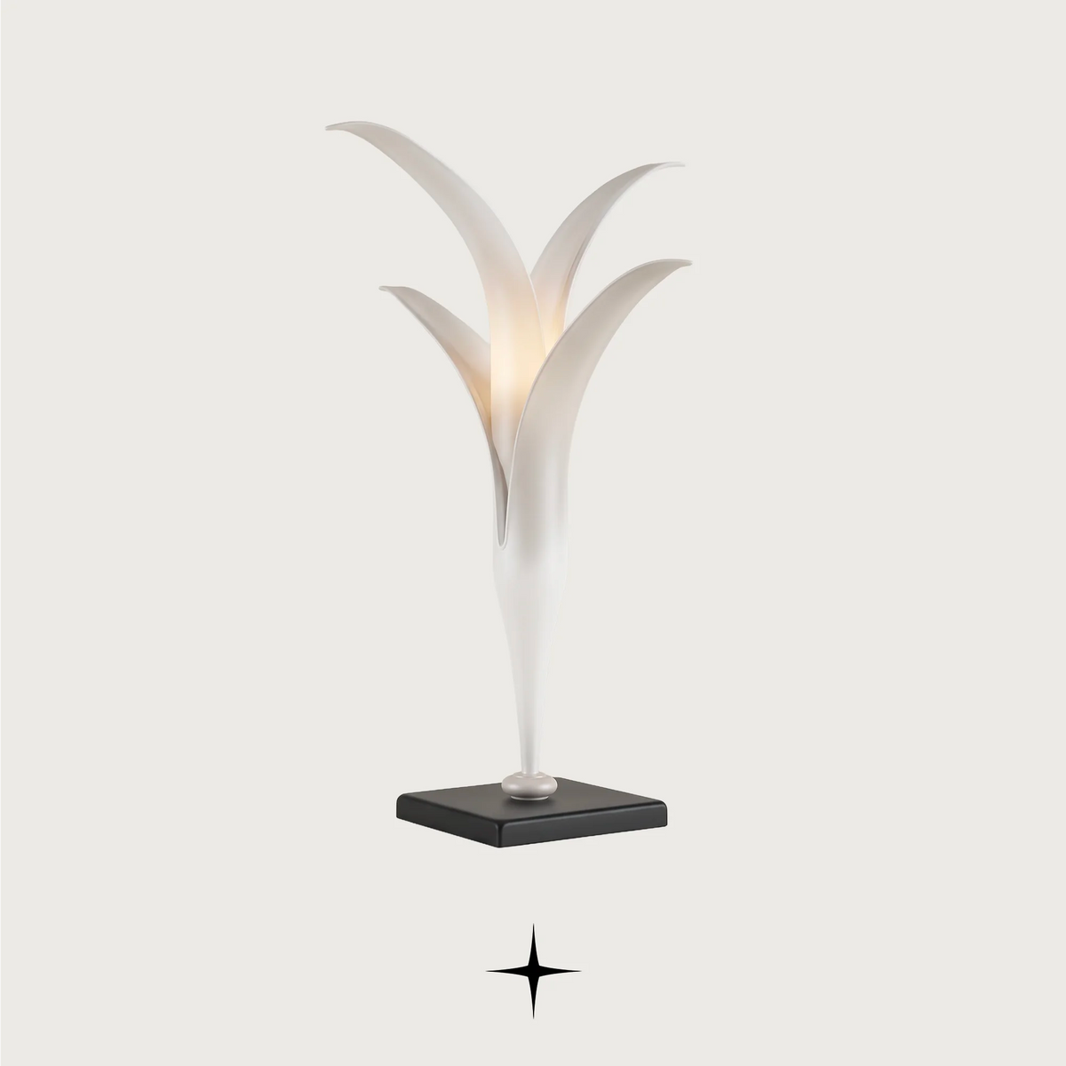 Camelia modern luxury table light featuring minimalist Bohemian crystal flower design with upward-facing blades.
