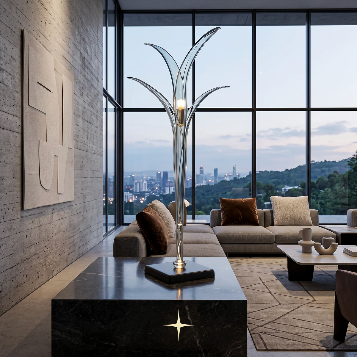 Catrina modern luxury table light with sleek silver and gray silhouette for sophisticated living spaces.
