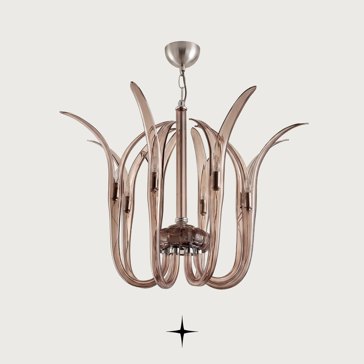 Celine Chandelier featuring elegant smoked grey handcrafted crystal glass arms blooming gracefully upwards

