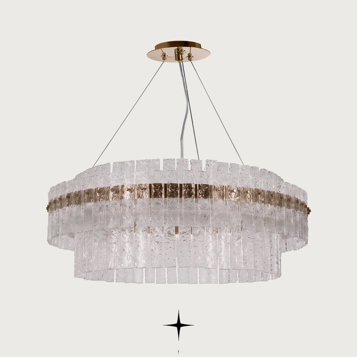 Chime Chandelier featuring sleek metal architecture and handmade rock-crystal effect glass diffusers with LED illumination
