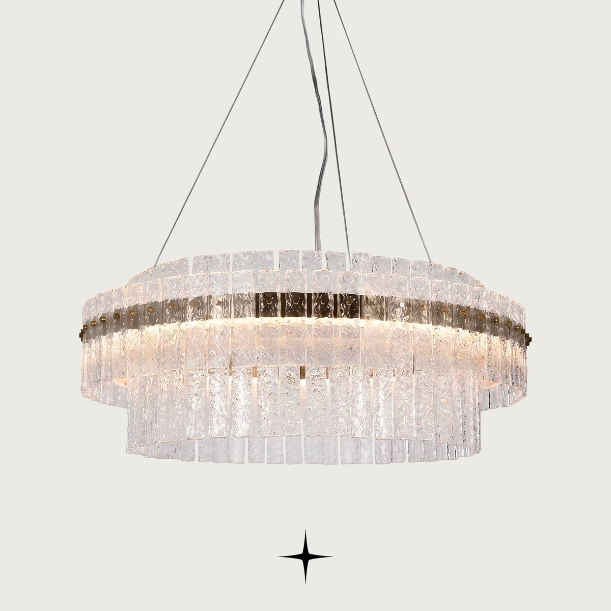 Chime round multi-tier crystal chandelier with gold frame and suspension cables
