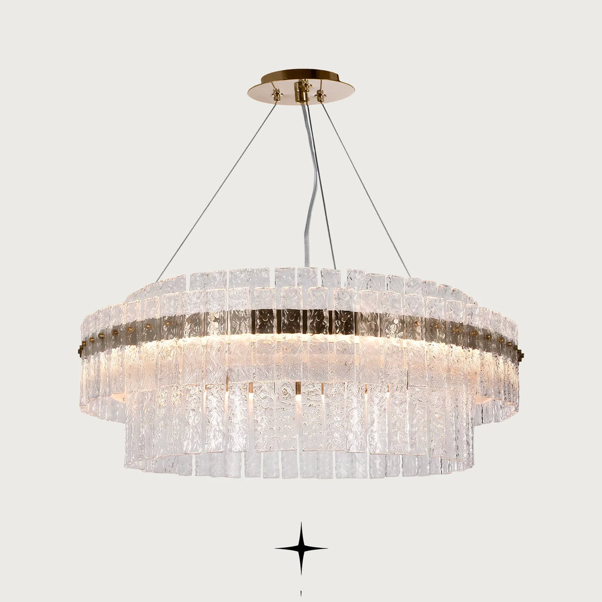 Chime Chandelier featuring sleek metal architecture and handmade rock-crystal effect glass diffusers with LED illumination
