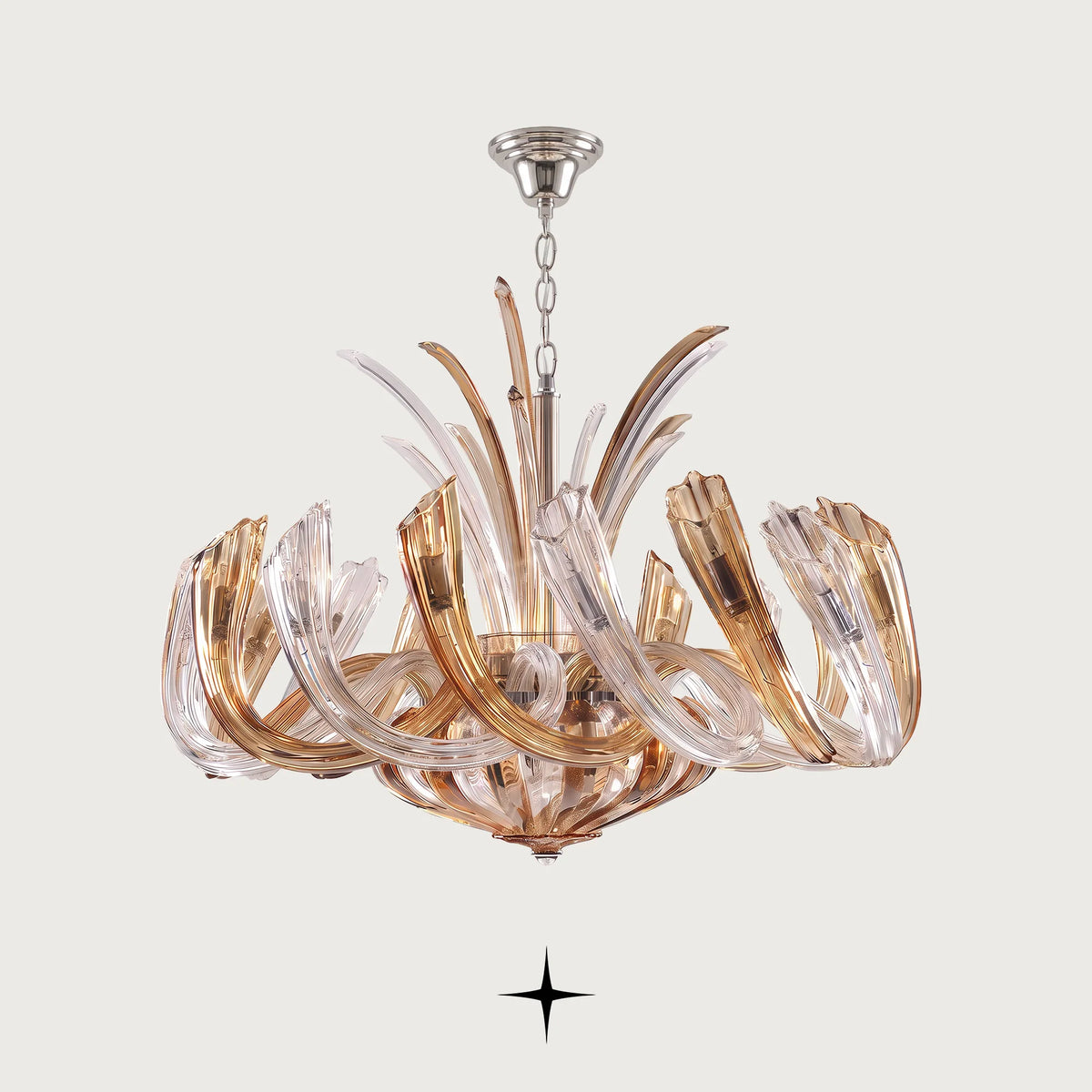 Clara Chandelier featuring chic elongated crystal arms with gold and silver ring options across four sizes

