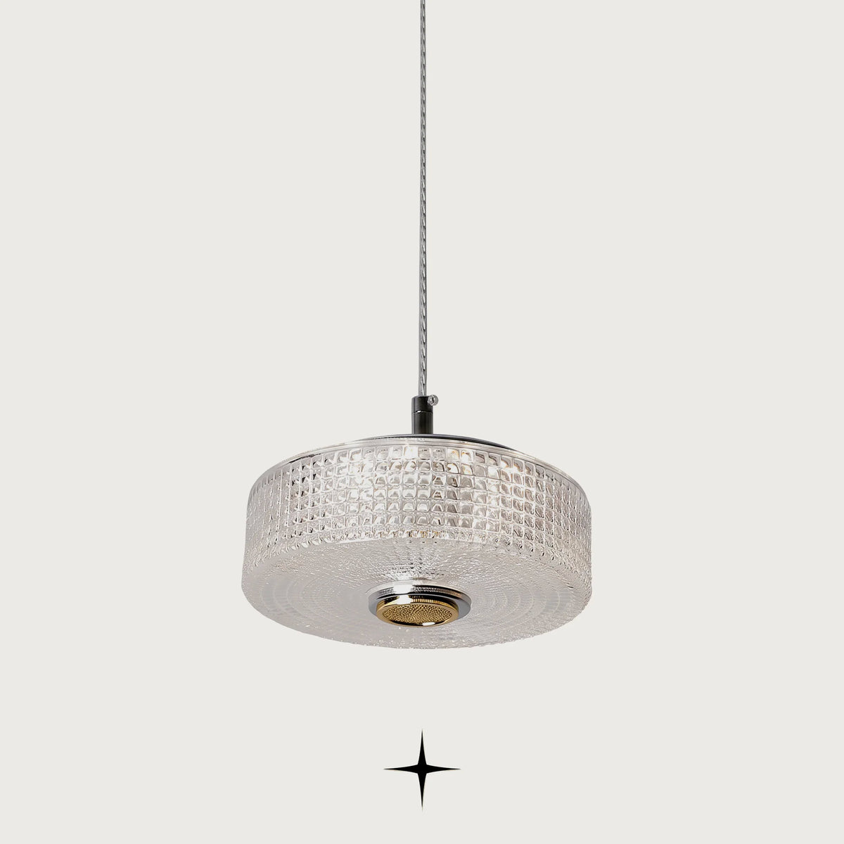  Cleo modern single light pendant with golden nickel structure and Murano glass dome on grey background