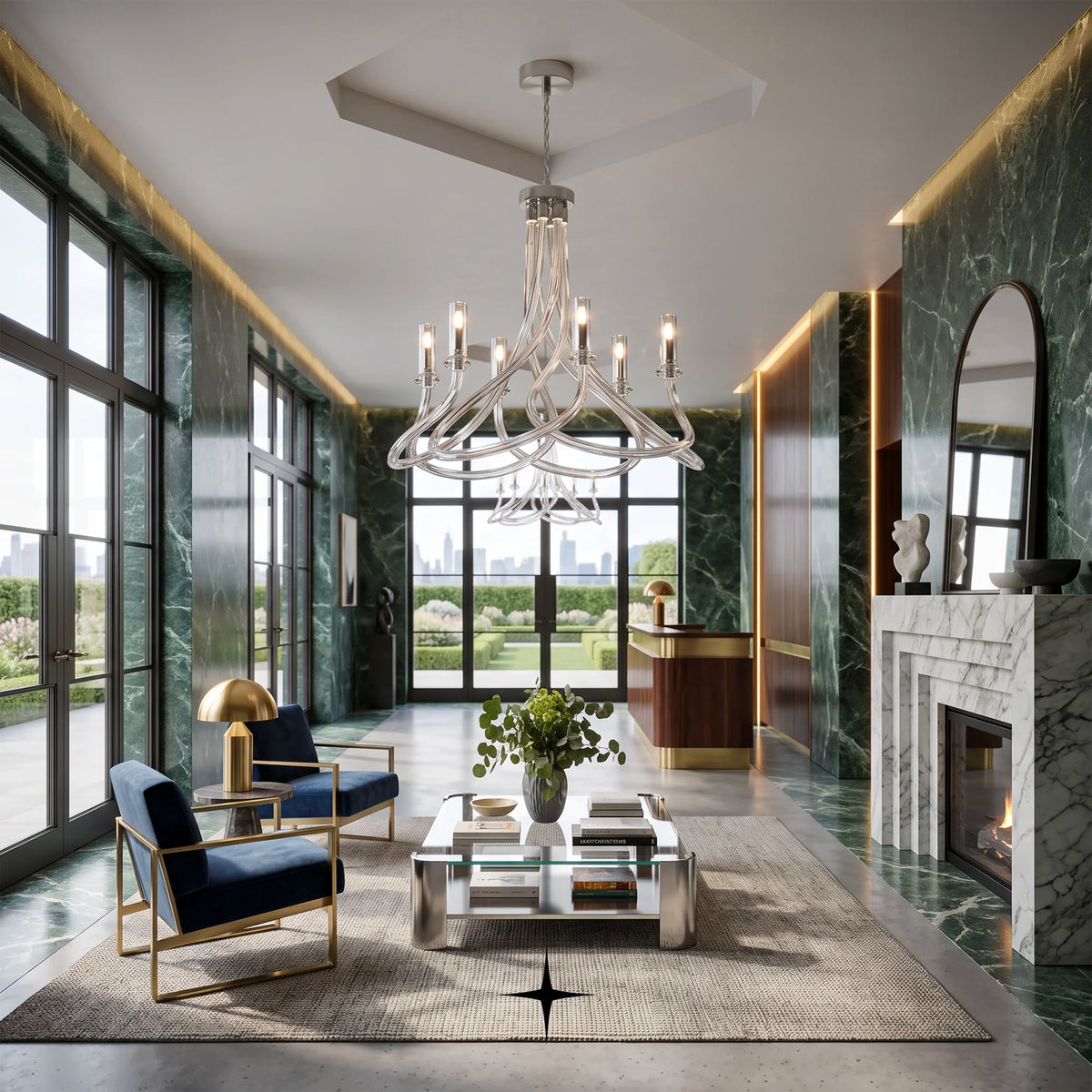 Daisy Chandelier featuring graceful elongated crystal arms in a clear modern design across five sizes

