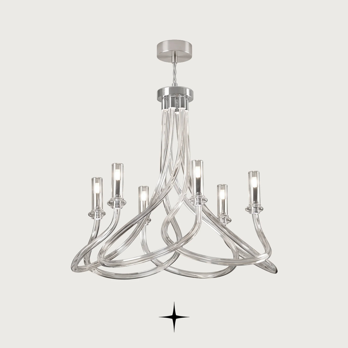 Daisy Chandelier featuring graceful elongated crystal arms in a clear modern design across five sizes
