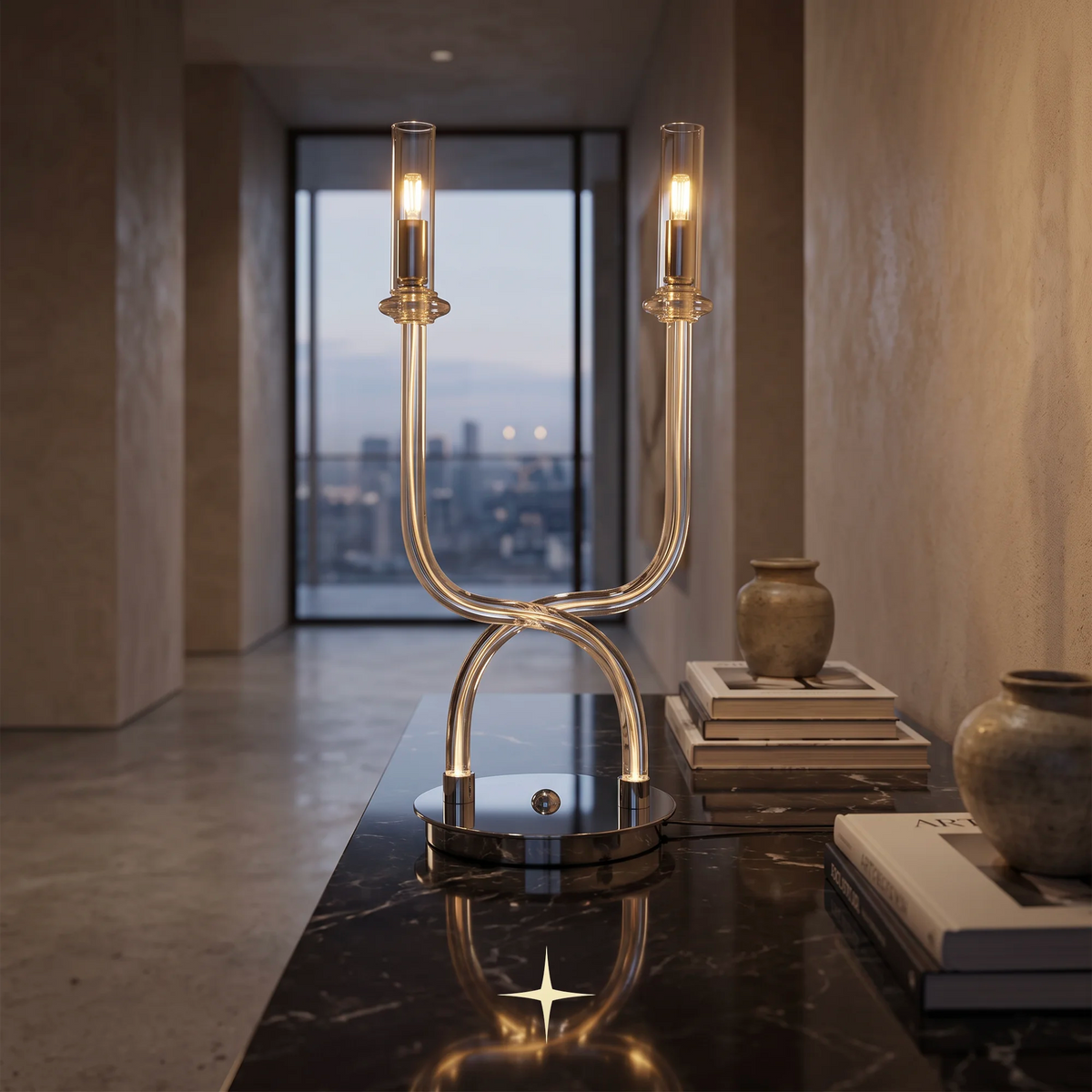 A  Daisy luxury table light featuring polished chrome frame with crystal arms
table lamp with a polished chrome base and two glowing filament bulbs, placed on a dark marble console table in a stylishly decorated interior room.