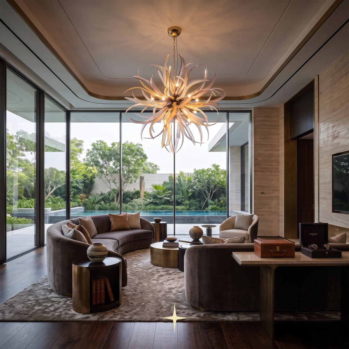 Dandelion Chandelier featuring a burst of golden, bronze, and clear Bohemian crystal glass petals
