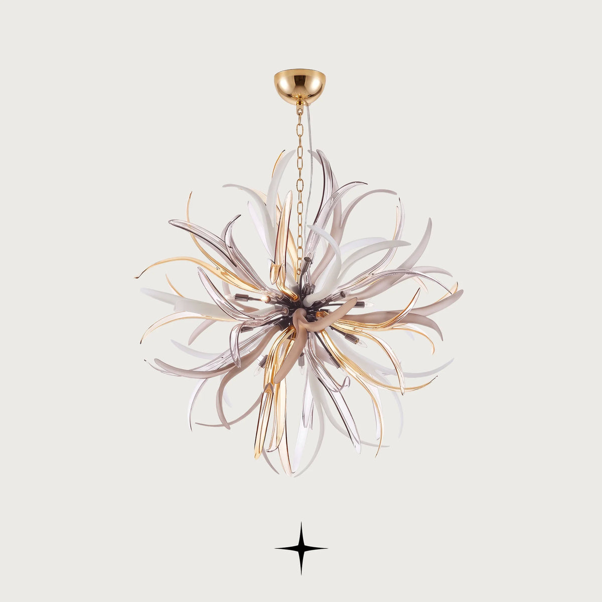Dandelion Chandelier featuring a burst of golden, bronze, and clear Bohemian crystal glass petals

