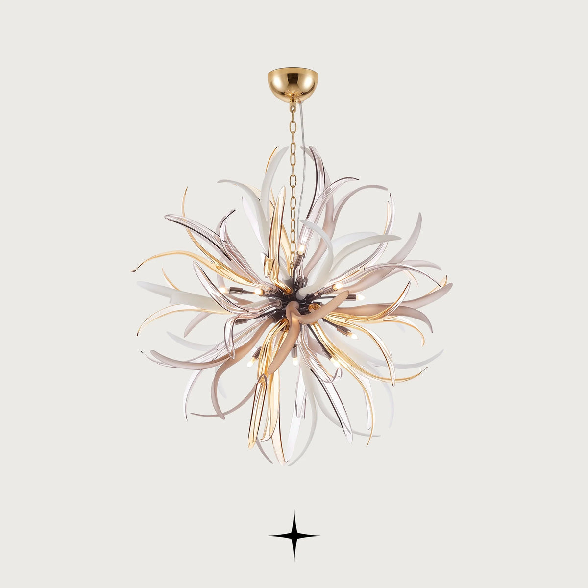 Dandelion Chandelier featuring a burst of golden, bronze, and clear Bohemian crystal glass petals
