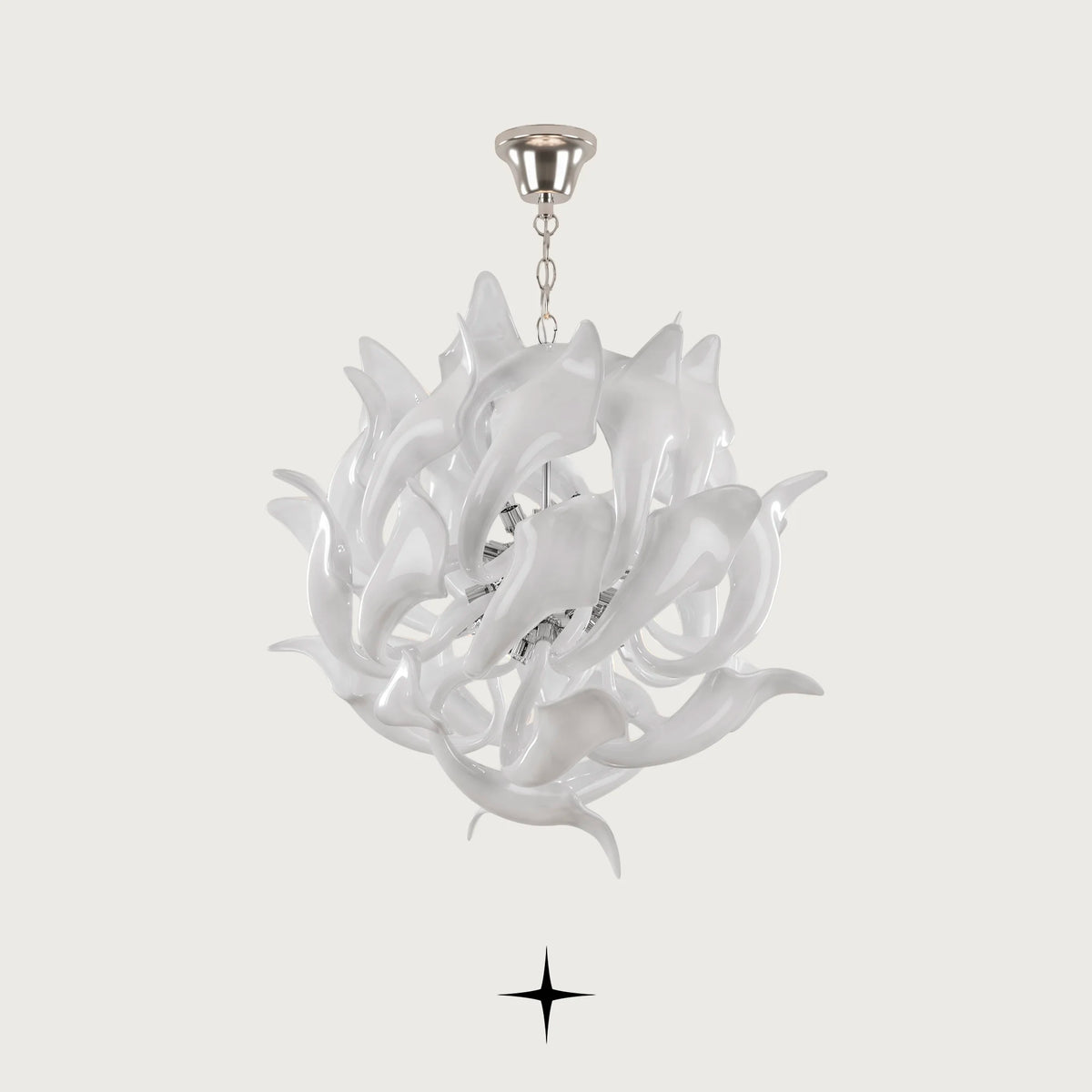 Daria Chandelier featuring 29 arms and 20 G9 LEDs with elegant elongated white crystal elements
