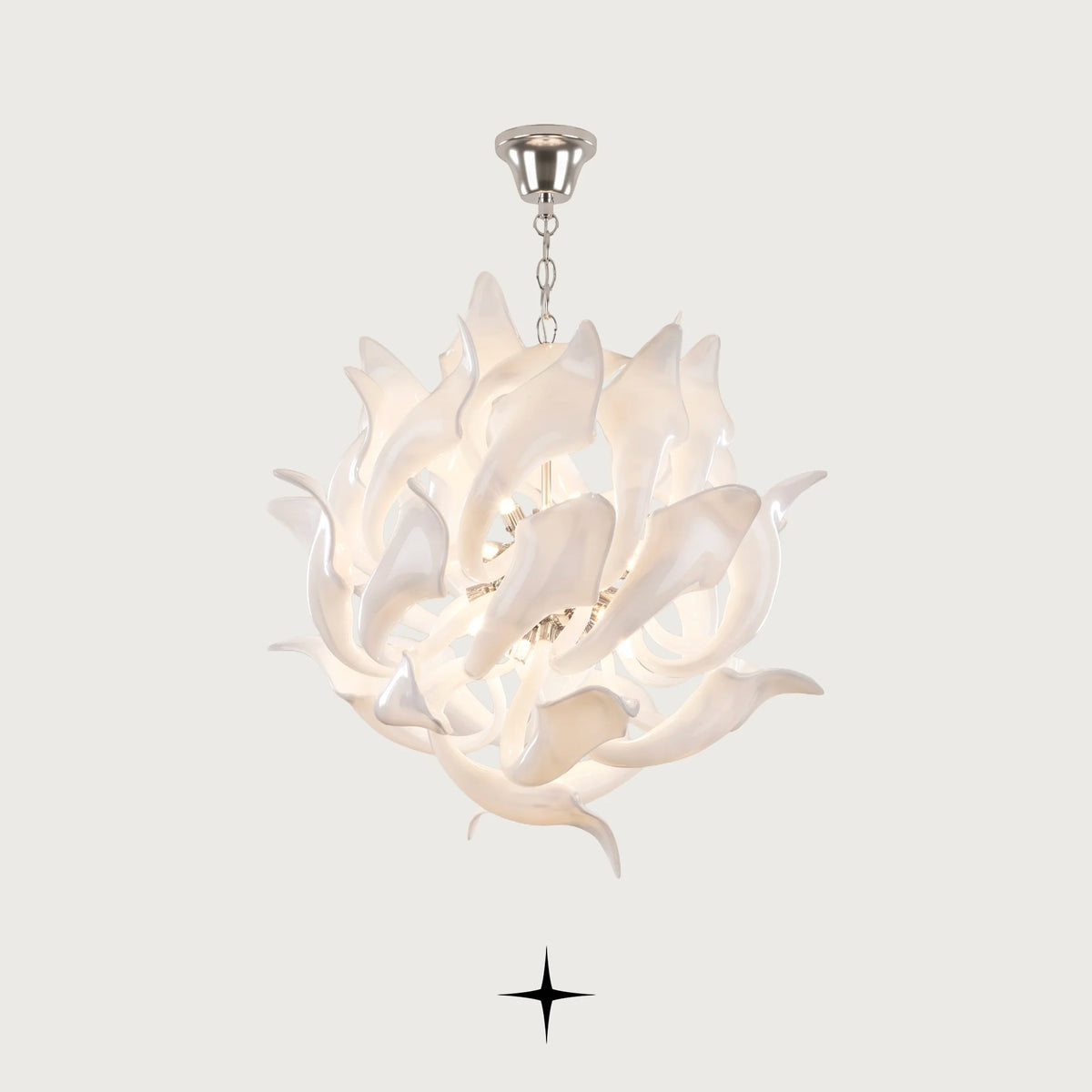 Daria Chandelier featuring 29 arms and 20 G9 LEDs with elegant elongated white crystal elements
