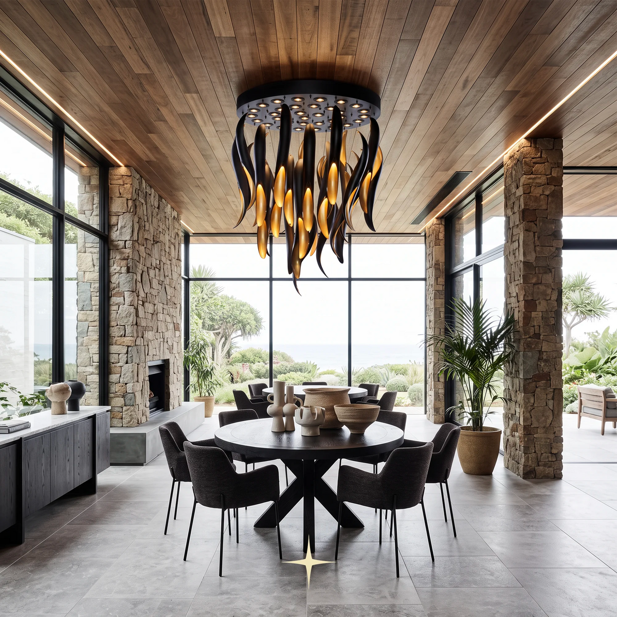 Darken Chandelier featuring a striking contrast of a dripping matte black layer over radiant golden crystals.
