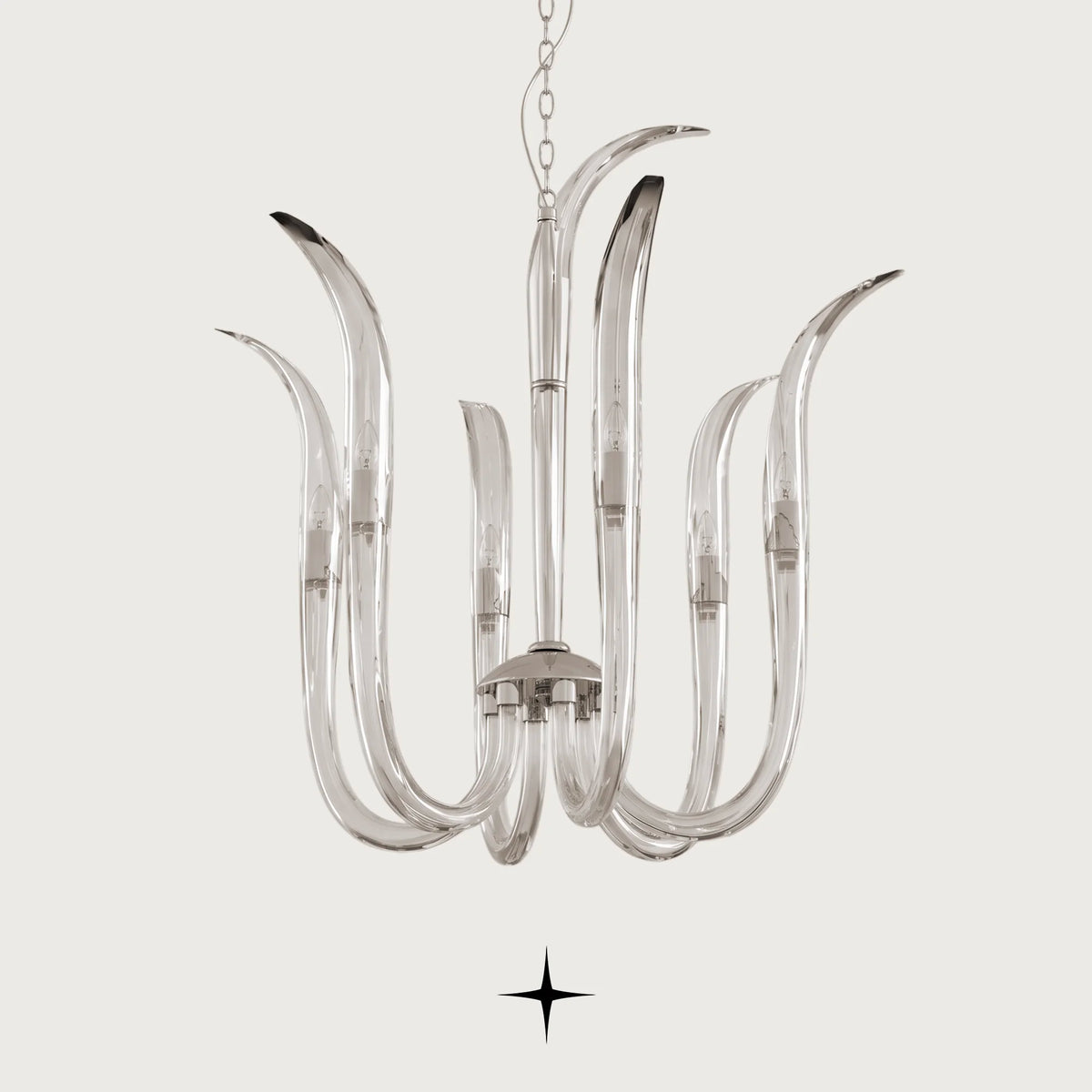 Dazzle Chandelier featuring elegant flame-shaped clear glass arms and fine crystal craftsmanship

