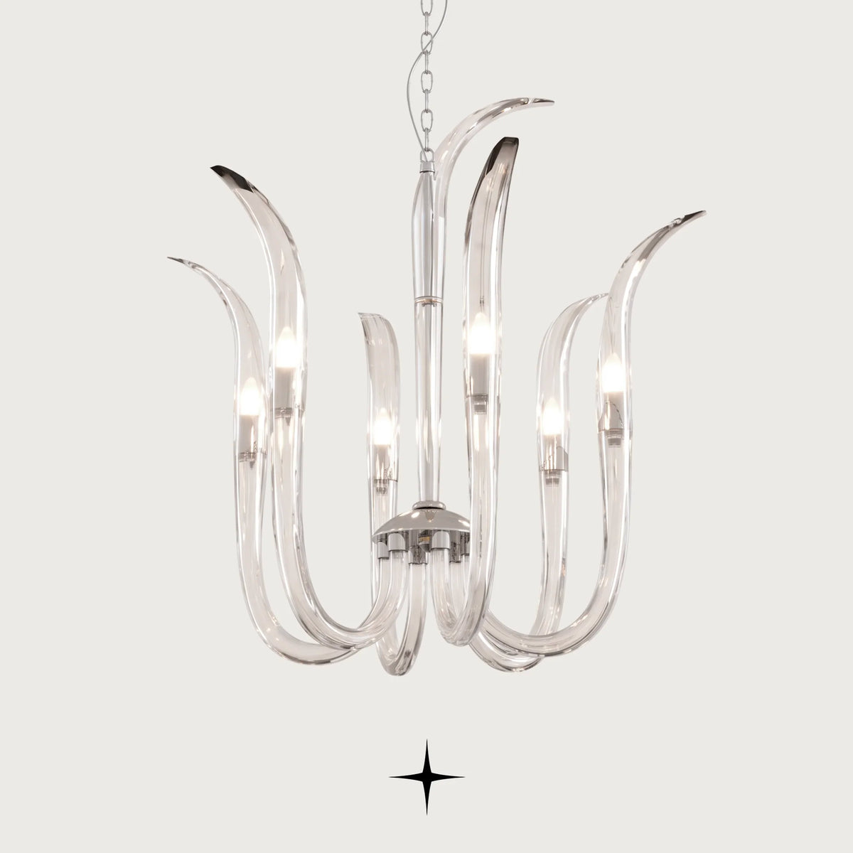 Dazzle Chandelier featuring elegant flame-shaped clear glass arms and fine crystal craftsmanship
