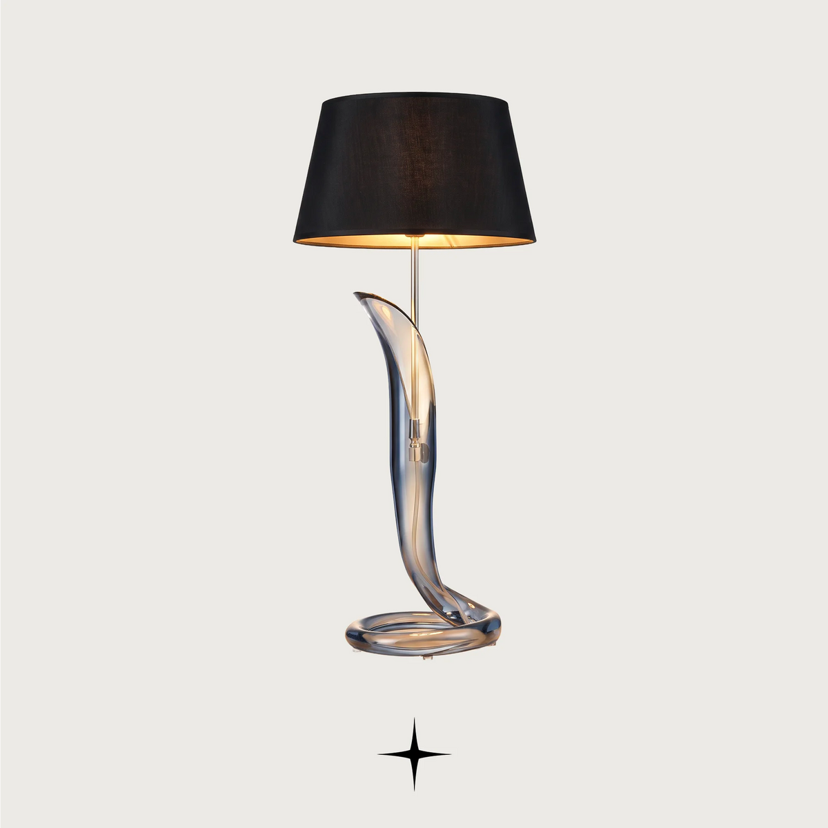 Dream Blue modern luxury table light with smoke blue glass accent and black shade for sophisticated living spaces.
