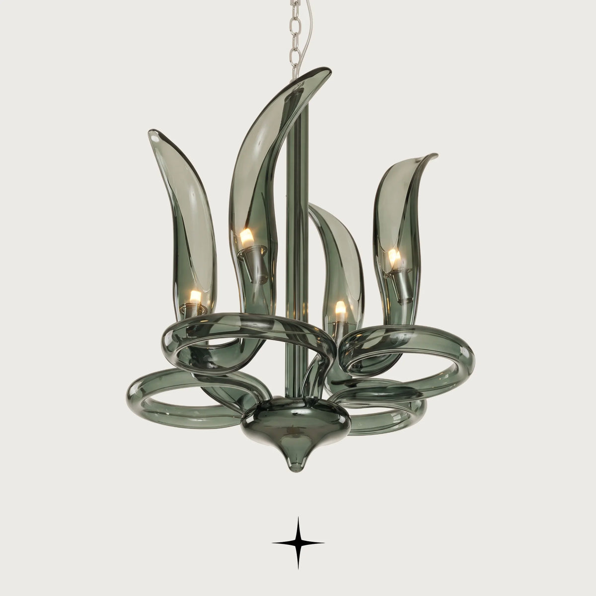 Dream Petite Chandelier featuring compact emerald-green swirling crystal glass arms
