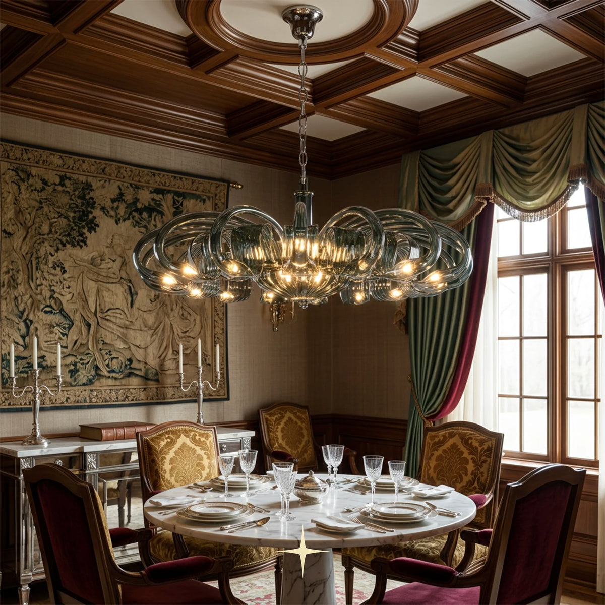 Eleanor Chandelier featuring intricate sapphire-green crystal arms in a luxurious modern design
