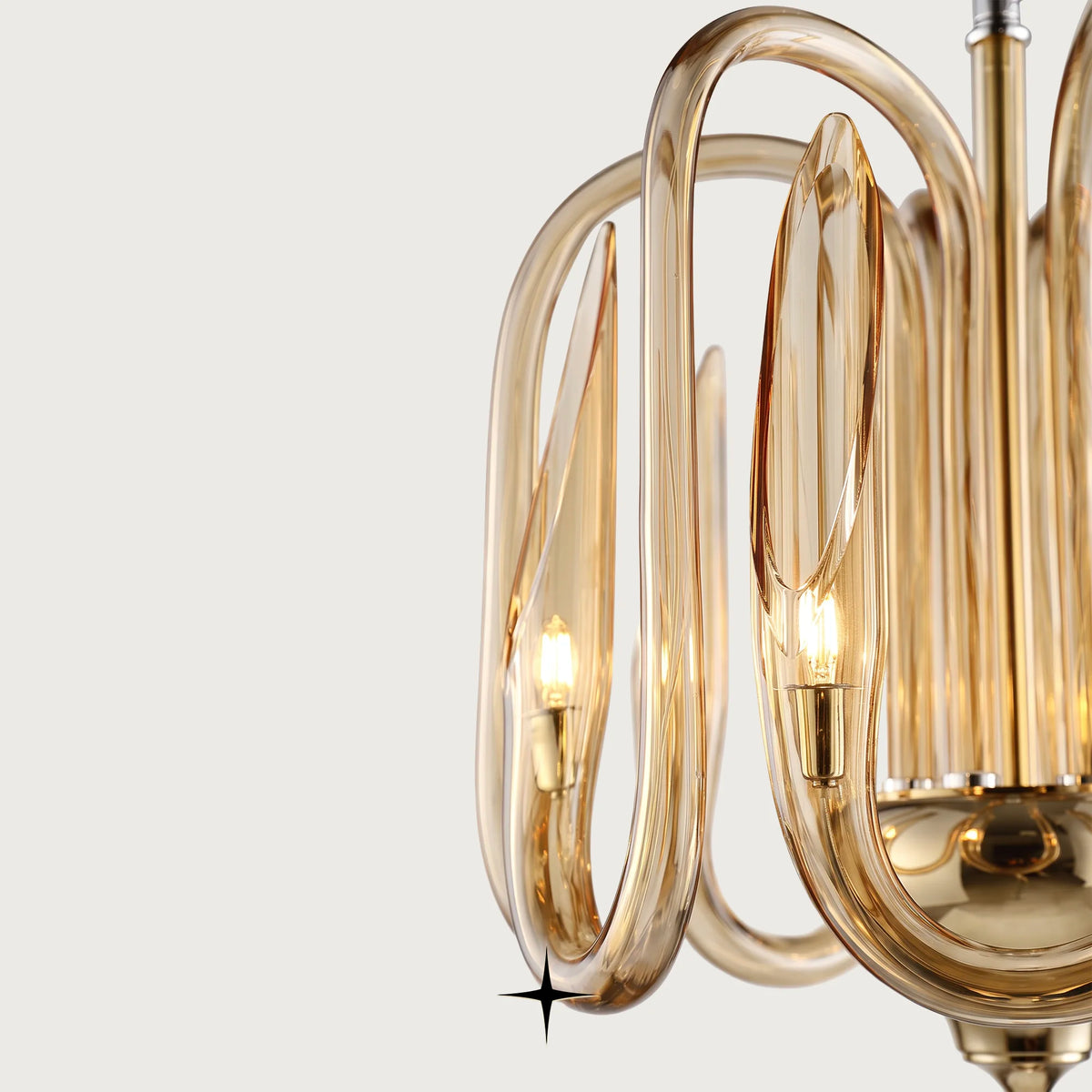 Elegant Ava Chandelier featuring curved amber-gold crystal glass loop arms in a 4-arm design
