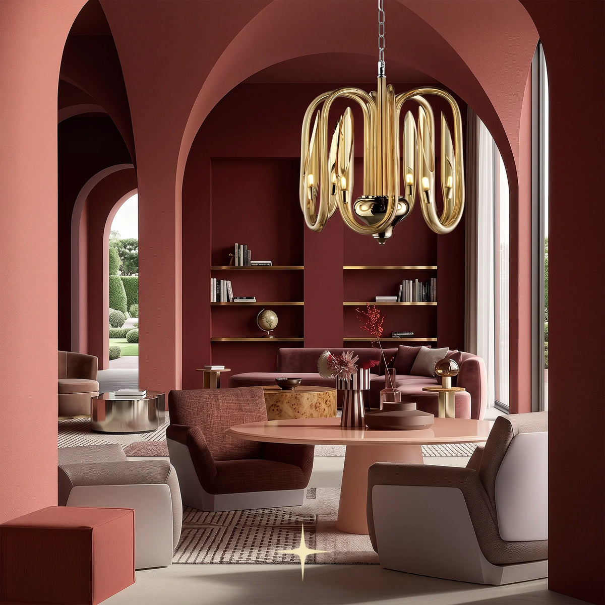 Elegant Ava Chandelier featuring curved amber-gold crystal glass loop arms in a 4-arm design
