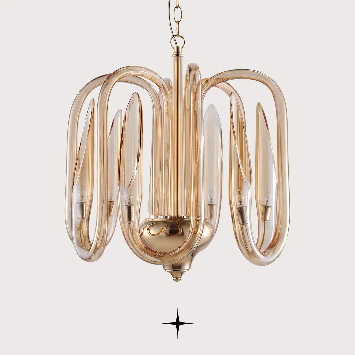 Elegant Ava Chandelier featuring curved amber-gold crystal glass loop arms in a 4-arm design
