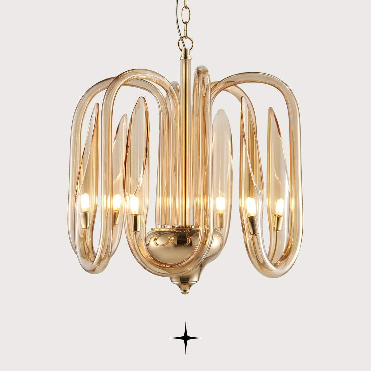 Elegant Ava Chandelier featuring curved amber-gold crystal glass loop arms in a 4-arm design
