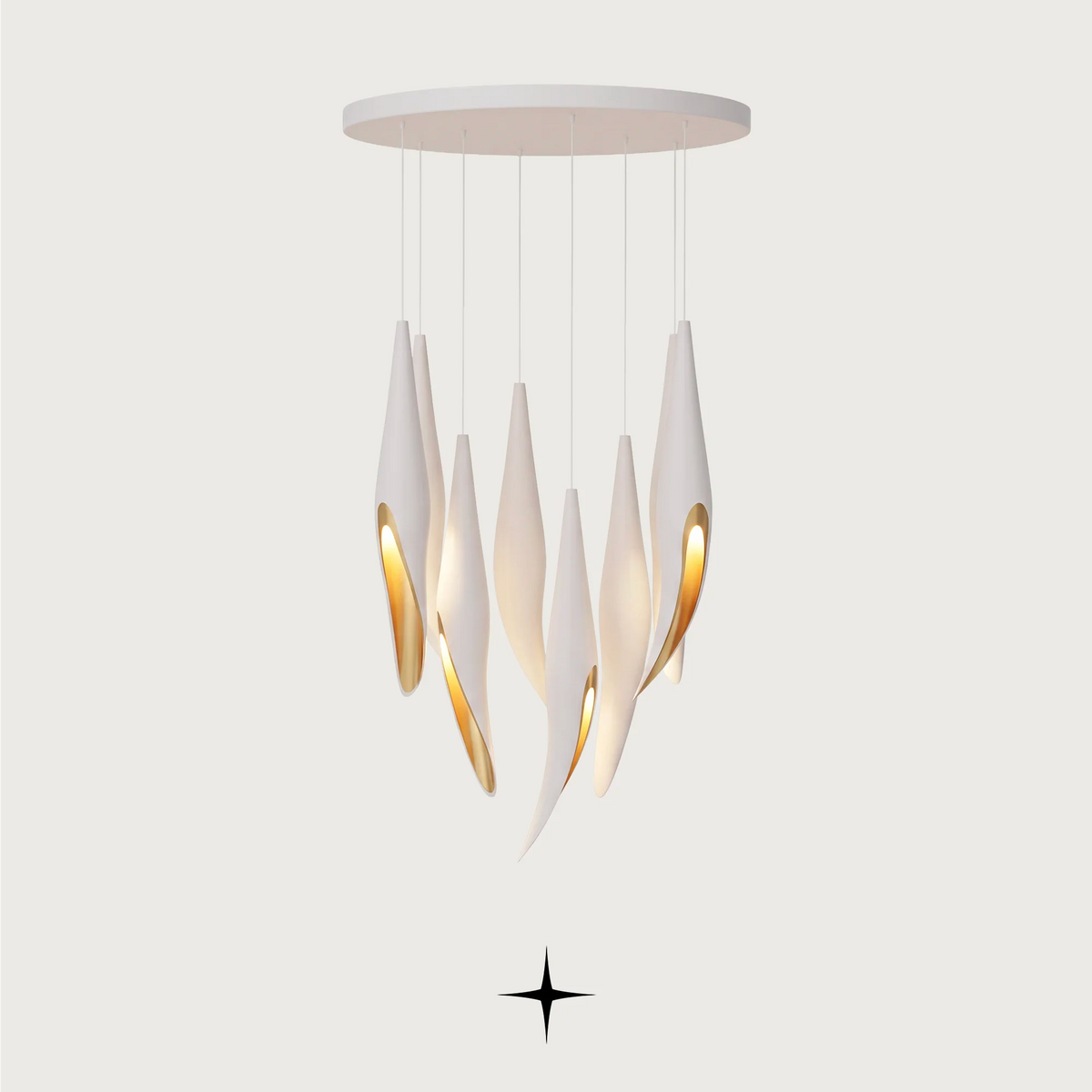 Close-up detail of handcrafted crystal components and gold frame on Elegant Bella modern chandelier
