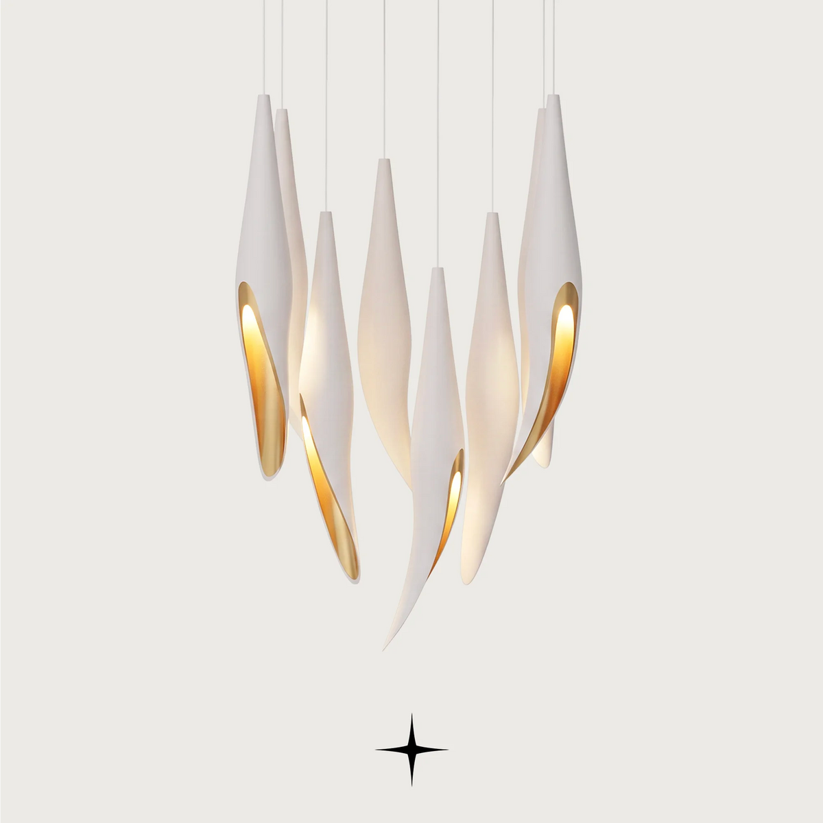 Close-up detail of handcrafted crystal components and gold frame on Elegant Bella modern chandelier
