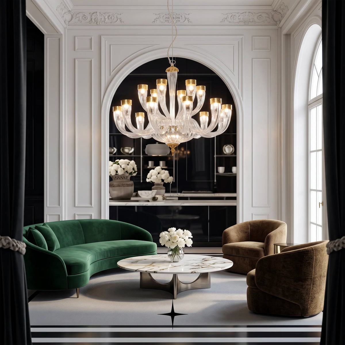 Elegant Bianca Chandelier featuring chic elongated crystal arms with gold and silver finishes in three sizes
