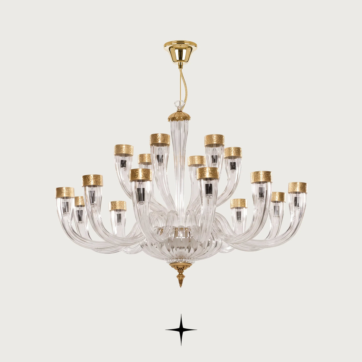 Elegant Bianca Chandelier featuring chic elongated crystal arms with gold and silver finishes in three sizes
