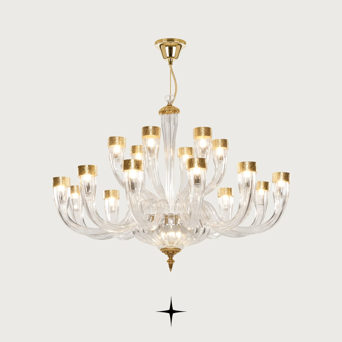 Elegant Bianca Chandelier featuring chic elongated crystal arms with gold and silver finishes in three sizes
