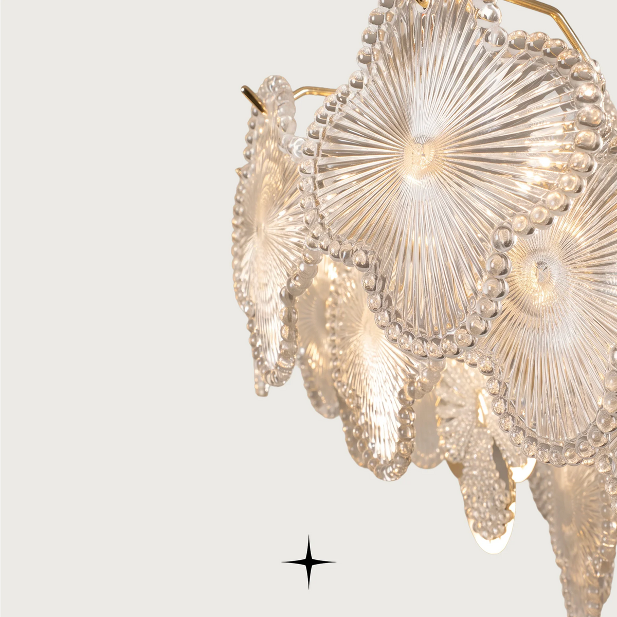 Elegant Bouquet luxury chandelier with Murano-style clear crystal glass flowers and gold frame
