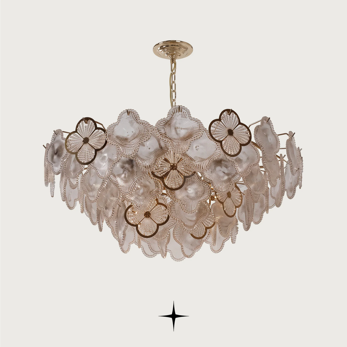 Elegant Bouquet luxury chandelier with Murano-style clear crystal glass flowers and gold frame
