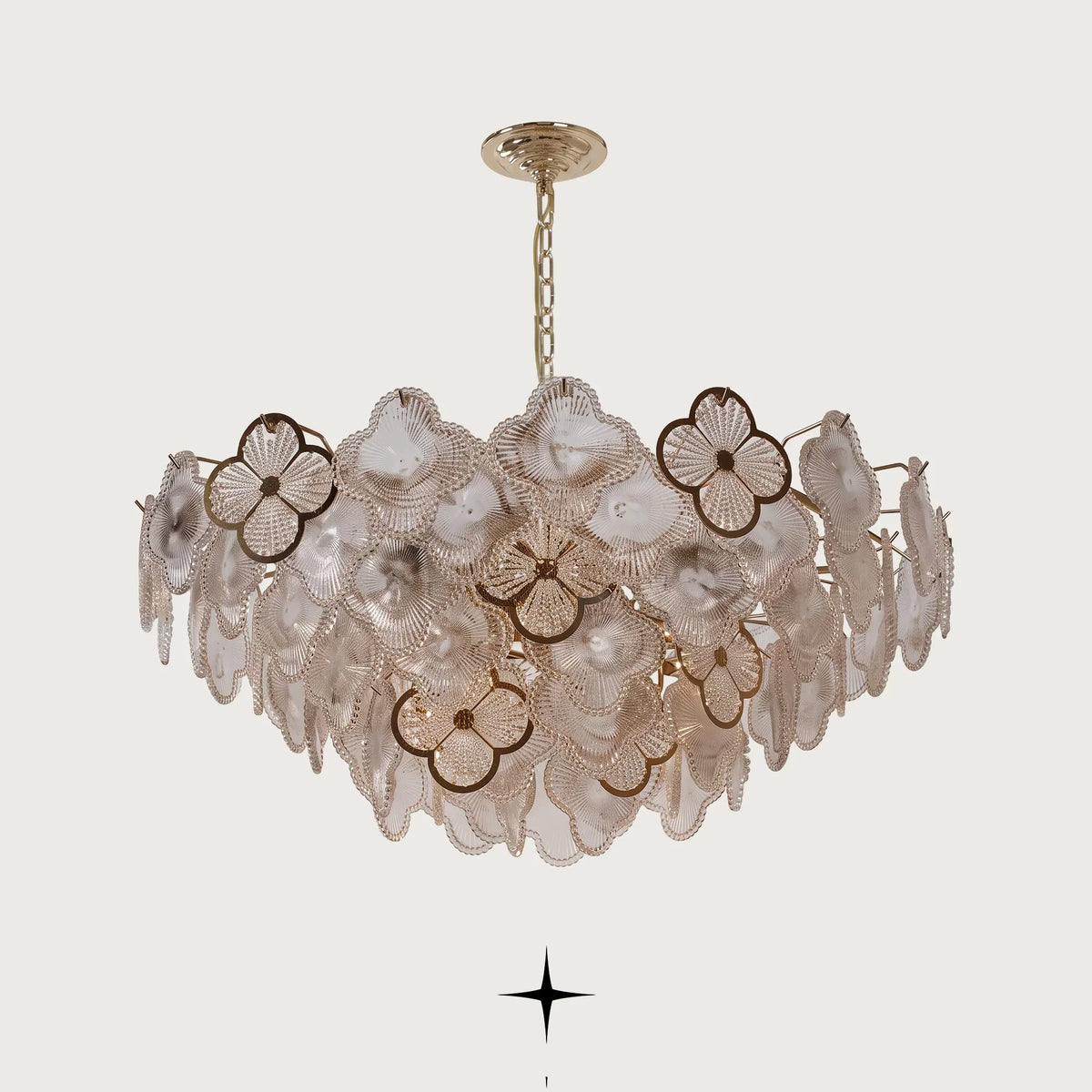 Elegant Bouquet Chandelier featuring Murano-style glass blossoms in brilliant clear crystal and a luxurious golden structure

