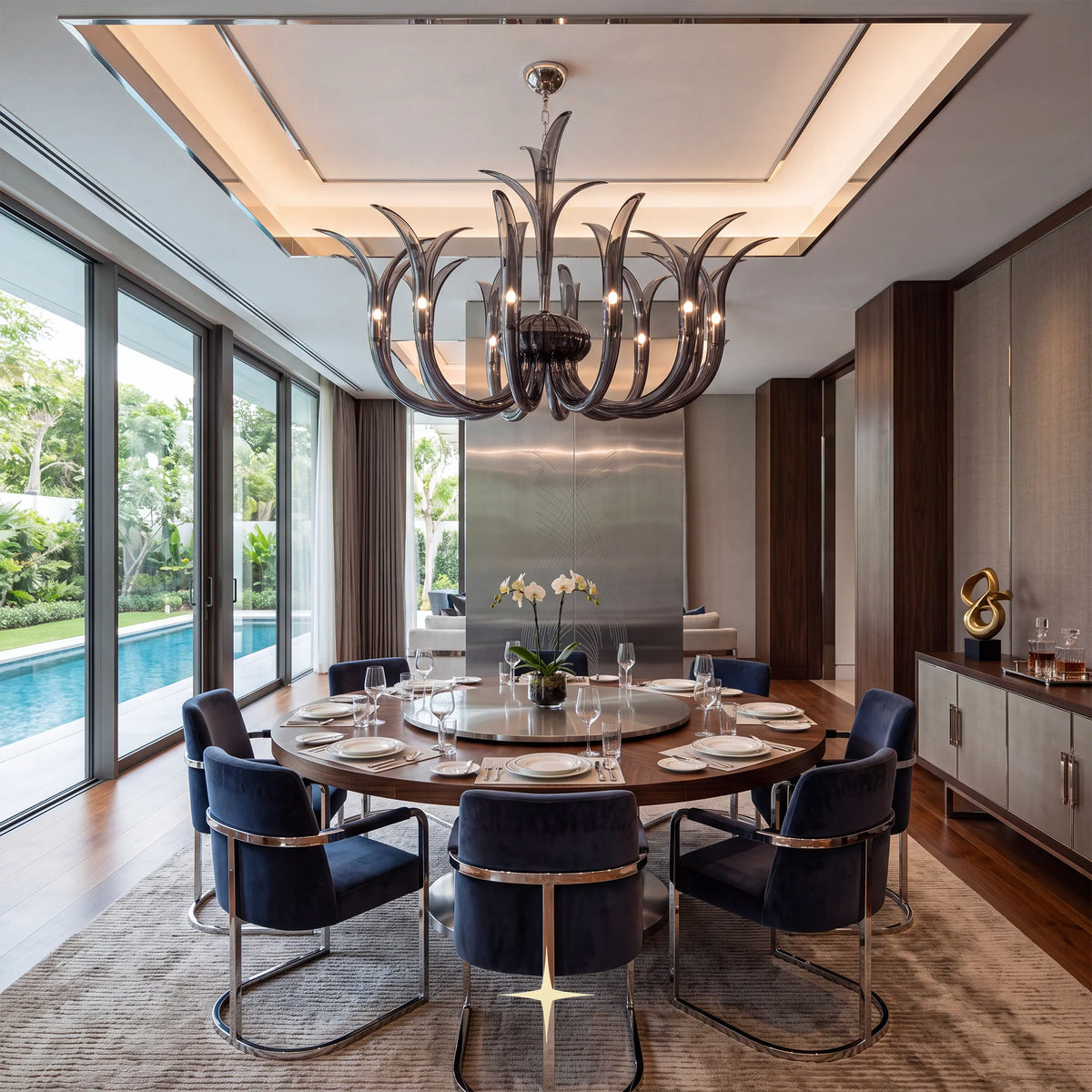 Elegant Celine Chandelier featuring vibrant blue handcrafted crystal glass arms blooming gracefully upwards
