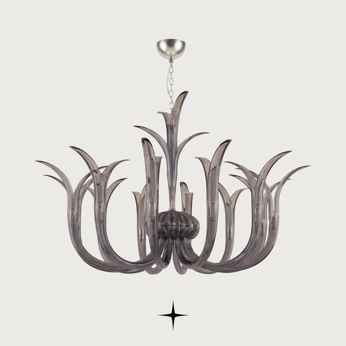 Elegant Celine Chandelier featuring vibrant blue handcrafted crystal glass arms blooming gracefully upwards
