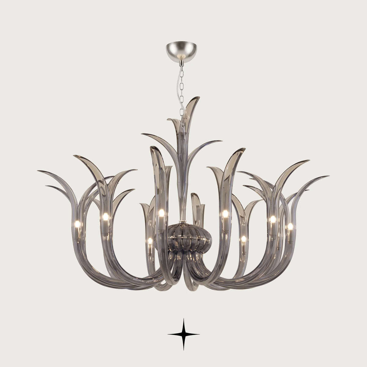 Elegant Celine Chandelier featuring vibrant blue handcrafted crystal glass arms blooming gracefully upwards
