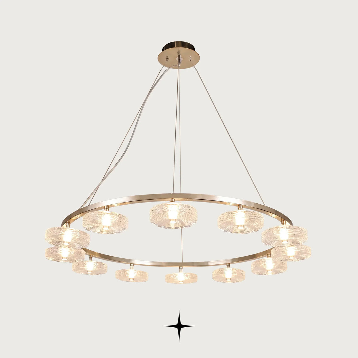Elegant Charlotte large ring chandelier with golden nickel frame and Murano glass discs on dark background