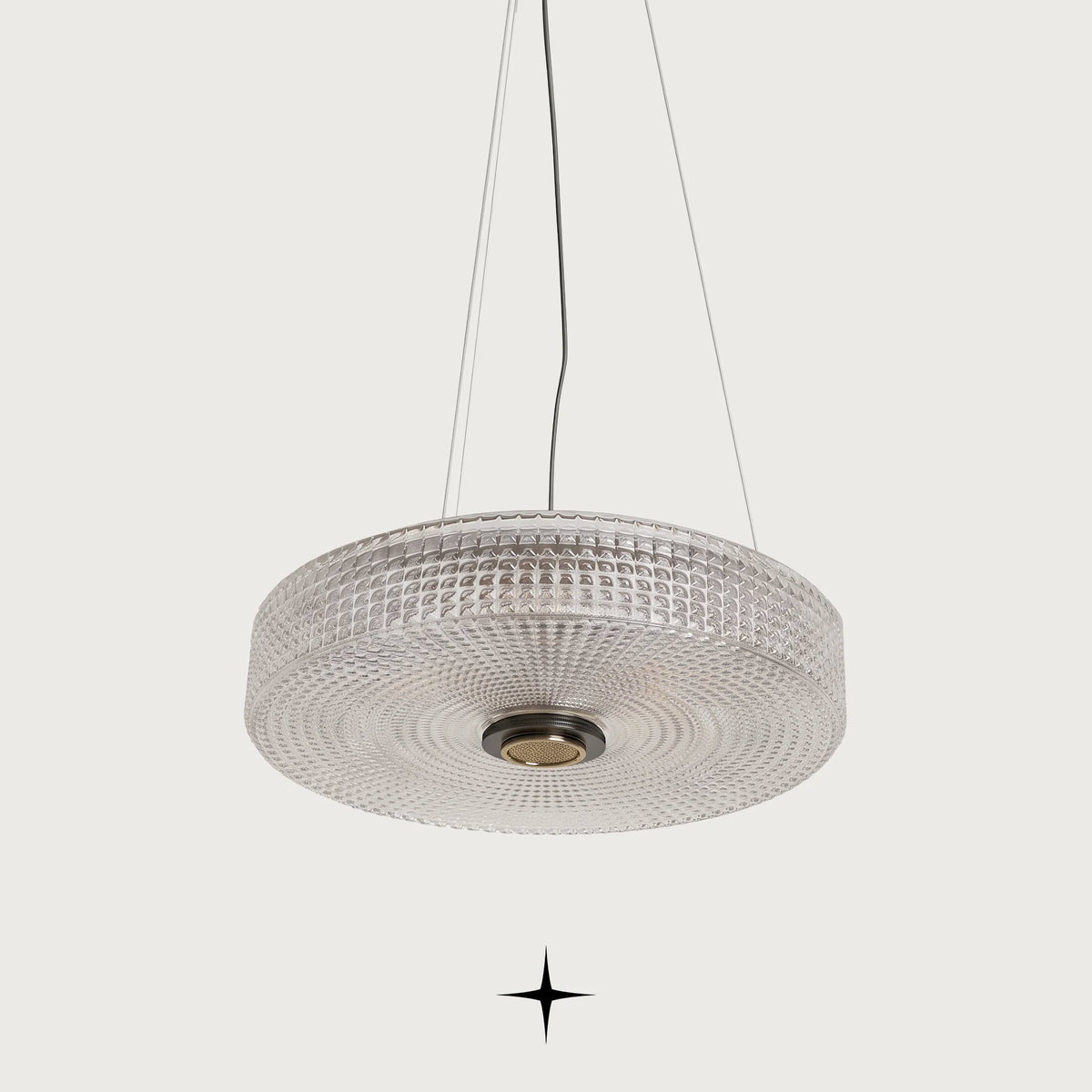 Elegant Cleo large single light pendant with golden nickel structure and Murano glass dome on dark background
